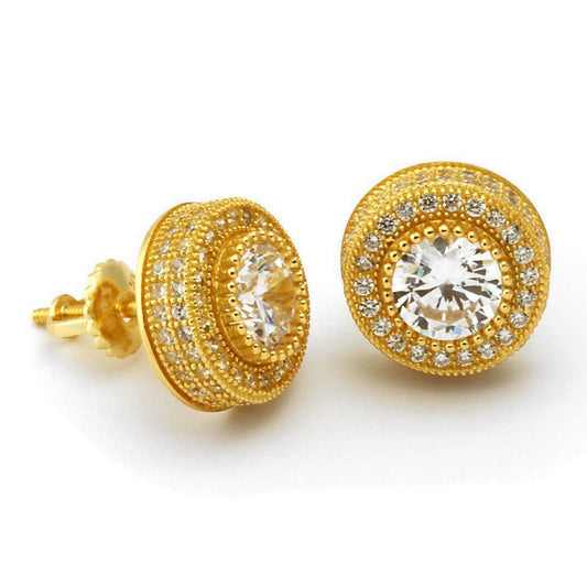 Iced Button Stud Earrings in 14K Gold