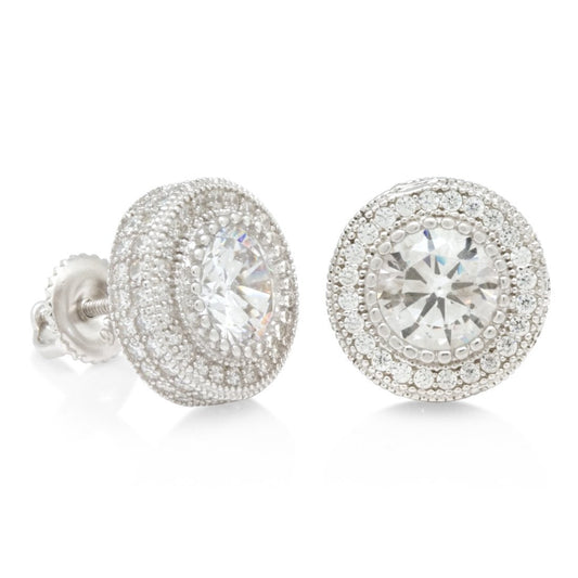 Iced Button Stud Earrings in White Gold